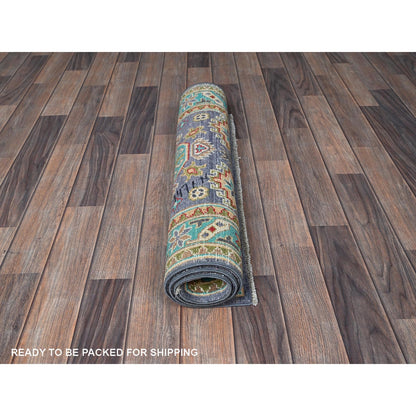 2'8"X4' Purple Kazak Geometric Design Hand Knotted Soft Wool Sample Rug