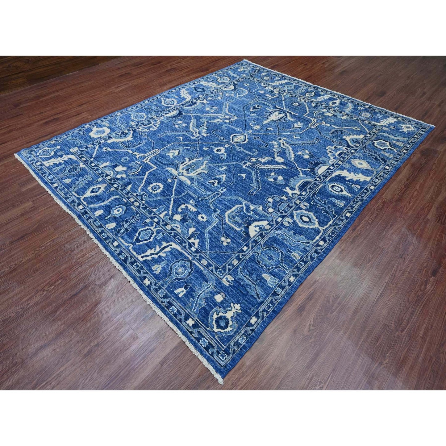 8'1"X9'8" Blue Hand Knotted Afghan Angora Oushak Vines Design Wool Rug