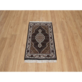 2'X3' Black Tebraz Mahi With Medallion Design Wool Hand Knotted Small Rug