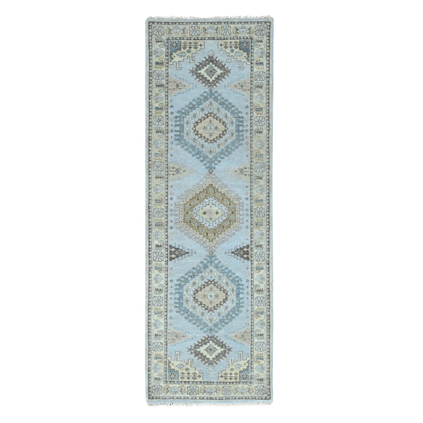 2'7"X7'10" Gray Geometric Medallions Design Hand Knotted Wool Runner Rug