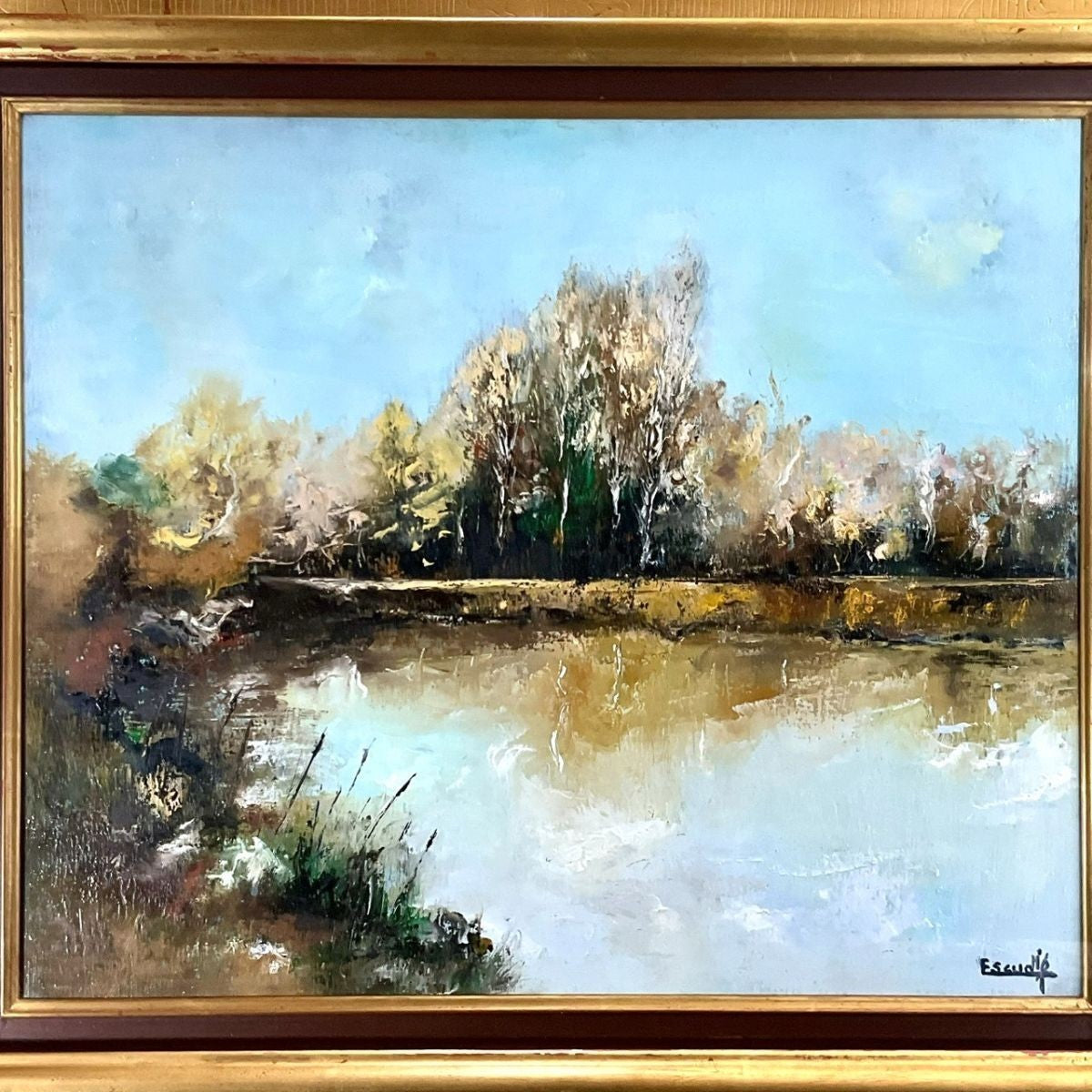 Framed Escudie Original Oil Painting 15F Autumn Lake French Landscape Large