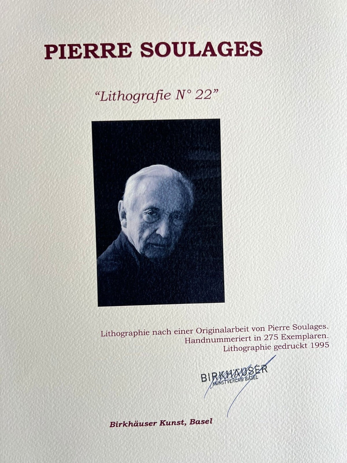 Pierre Soulages Coa Signed Op 1995 Numbered By Hand In Pencil 275Ex