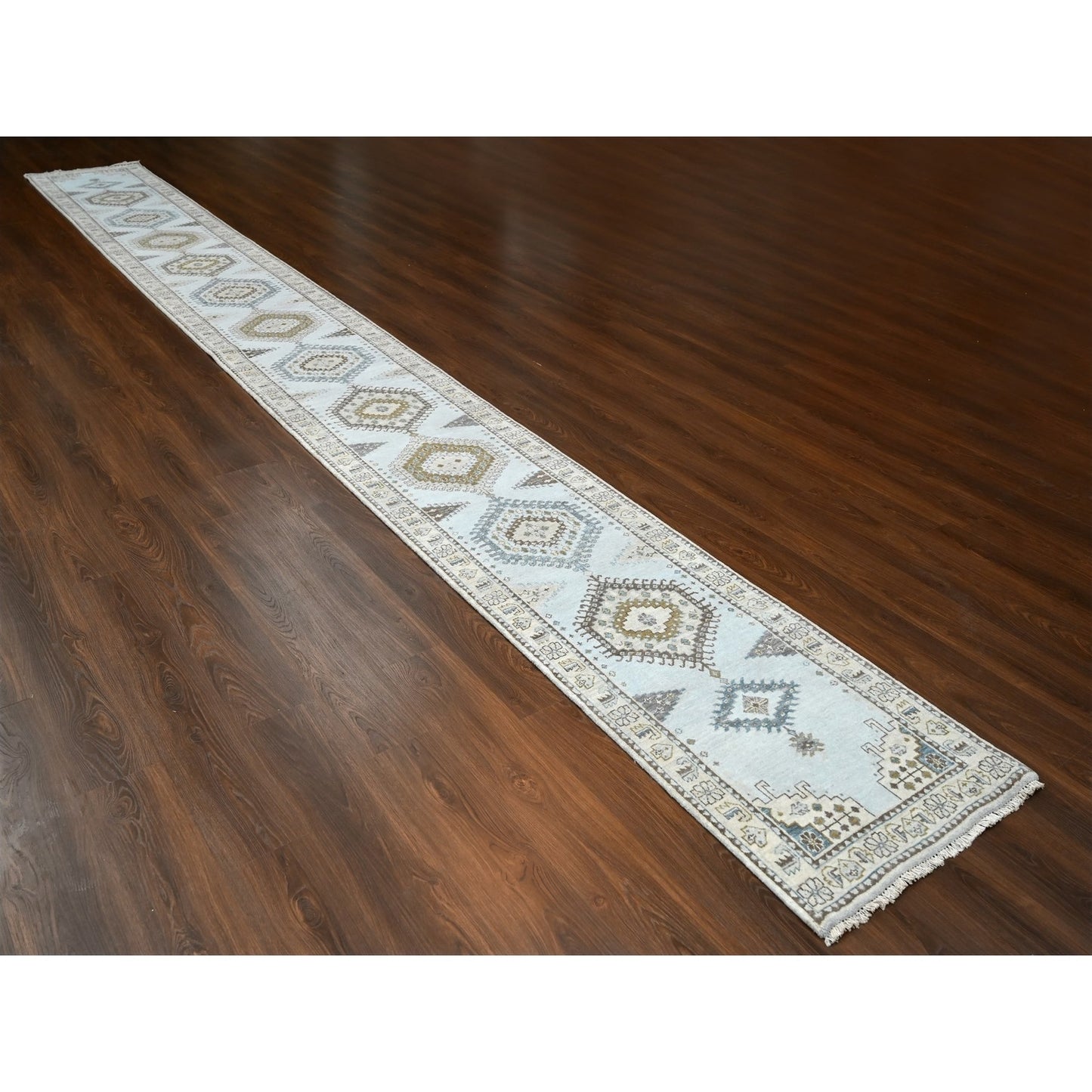 2'8"X23'10" Gray Hand Knotted Village Inspired Geometric Xl Runner Rug