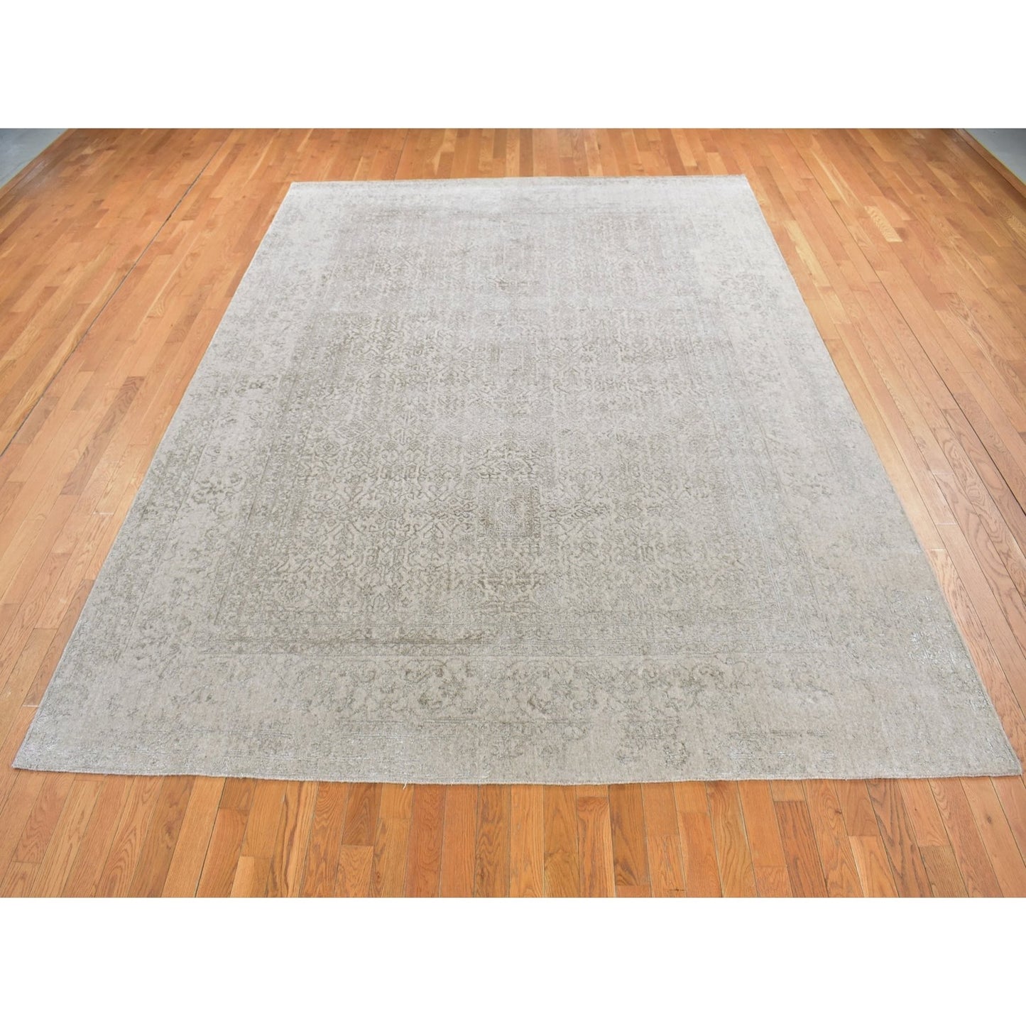 8'9"X12'1"Taupe Fine Jacquard Loomed Wool And Silk Zoroastrian Design Rug
