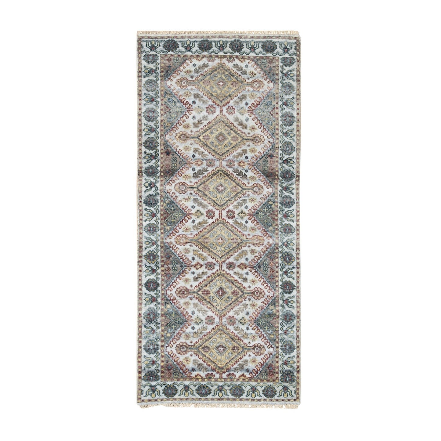 2'8"X6' Ivory Flower Rosettes Border Hand Knotted Runner Oriental Rug