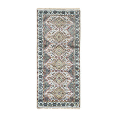 2'8"X6' Ivory Flower Rosettes Border Hand Knotted Runner Oriental Rug