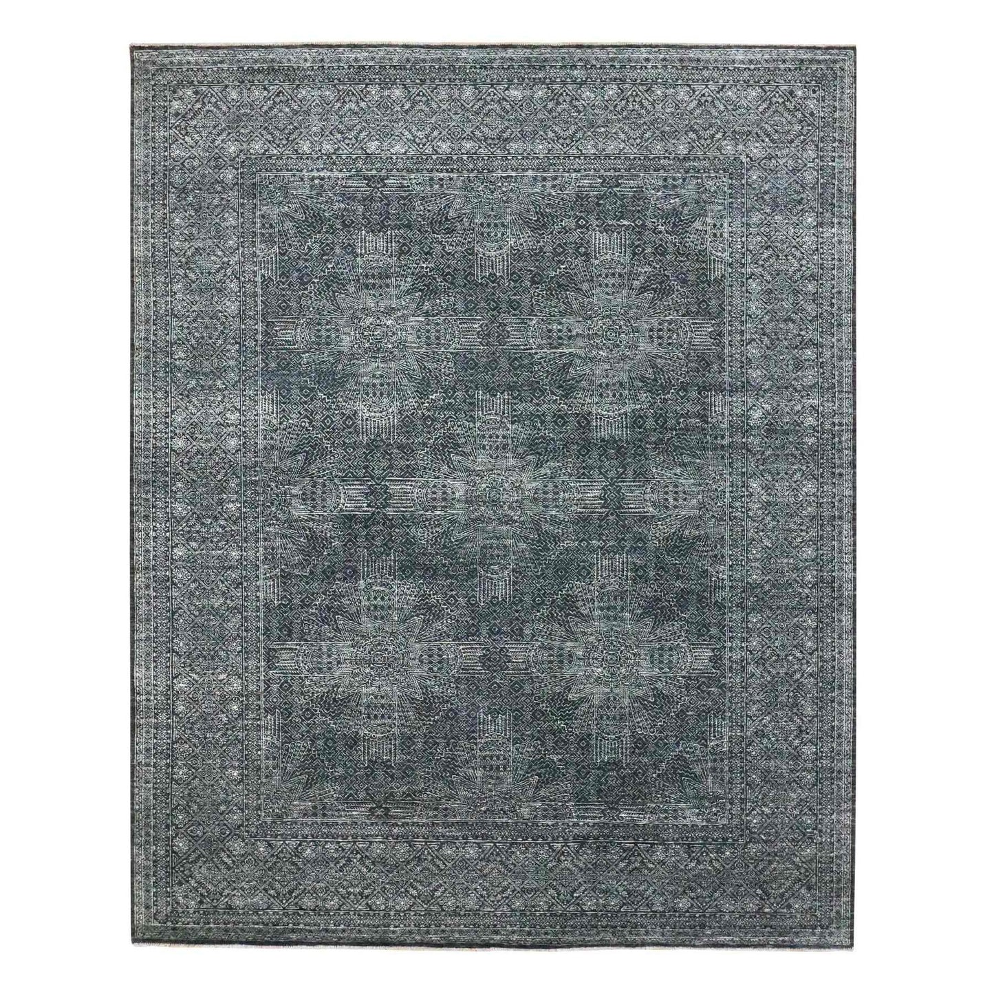 8'2"x10'2" Black Wool and Silk Intricate Star Design Hand Knotted Rug
