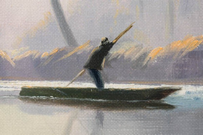 Hermann Dieste (Uruguay) Original Oil Painting "Morning Mist Boatman" Signed
