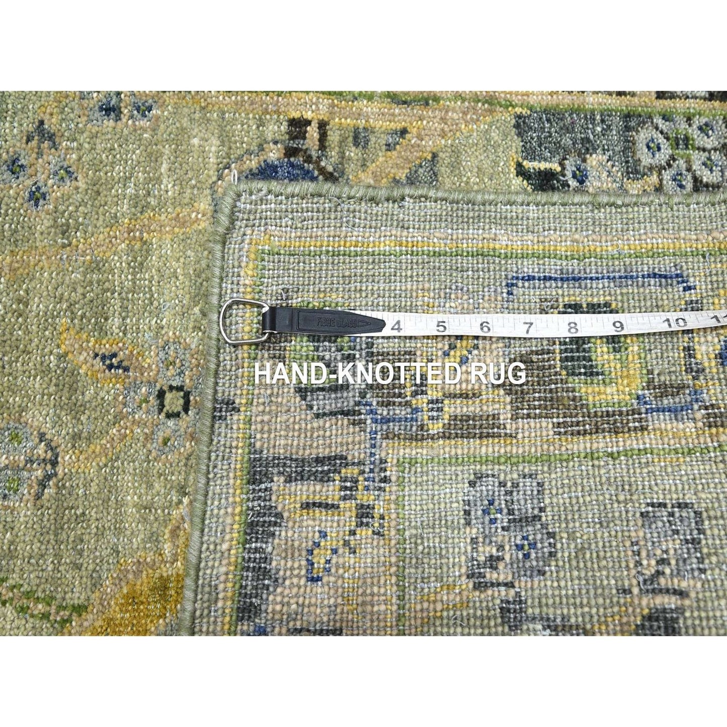 2'7"X12'3" Green Erased Birds Design Pure Wool Hand Knotted Runner Rug