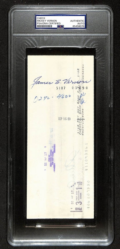Mickey Vernon Signed/Auto 1980 Ny Yankees Payroll Bank Check Psa/Dna 194535