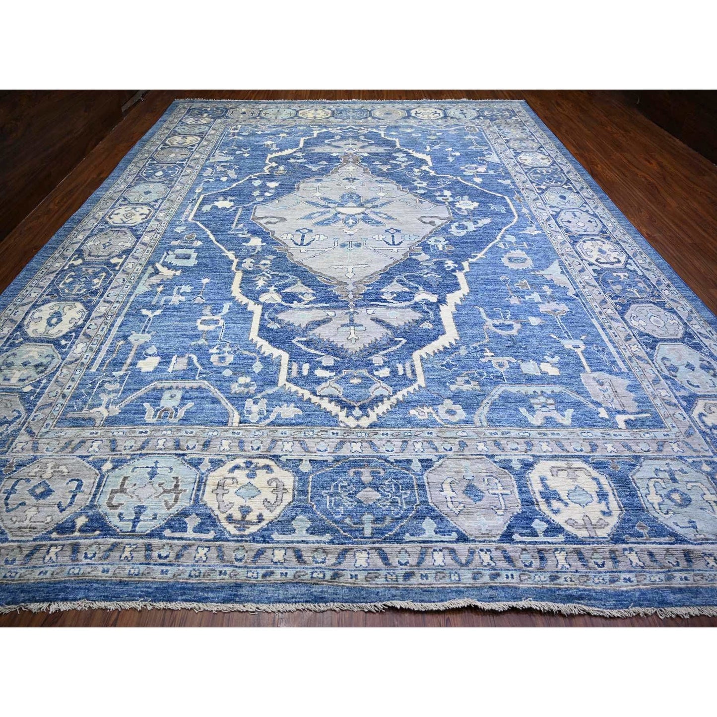 11'9"X15'1" Steel Blue Anatolian Village Inspired Wool Hand Knotted Rug