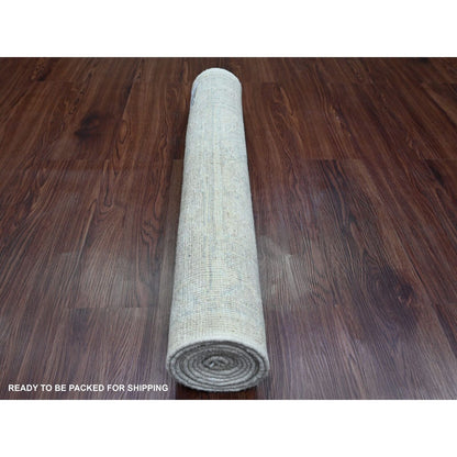 2'9"X7'7" White Angora Oushak Leaf Design Hand Knotted Wool Runner Rug