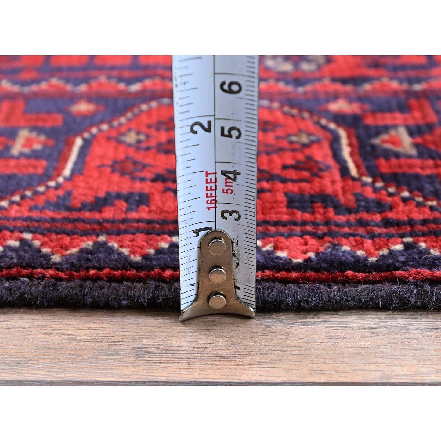 1'9"X4'9" Red Afghan Khamyab Geometric Design Hand Knotted Wool Runner Rug