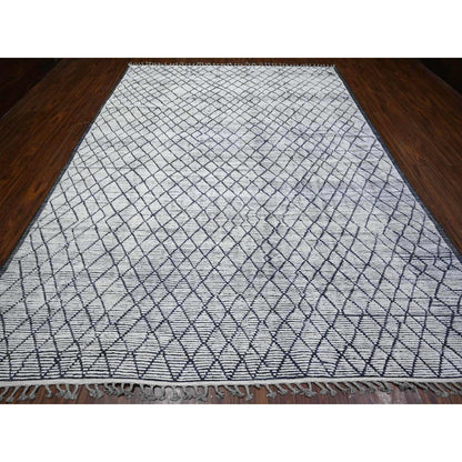 9'1"X12'4" Ivory Hand Knotted Moroccan Weave Criss Cross Design Rug