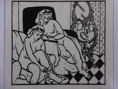 Clment Serveau 1945 Signed Woodcut "Moment Of Rest" French Nude Art Deco