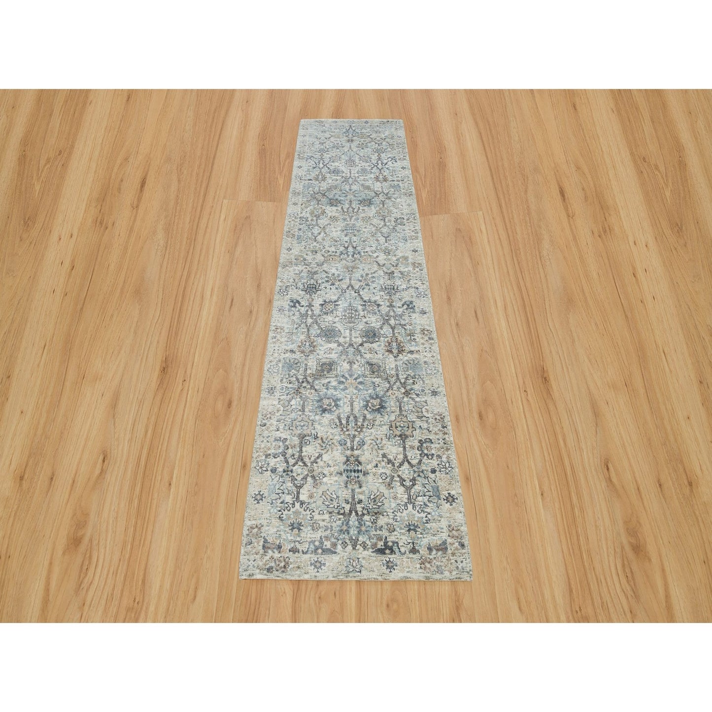 2'6"X9'10" Ivory Silk And Wool Hand Knotted Tebraz Vase Design Runner Rug