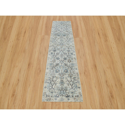 2'6"X9'10" Ivory Silk And Wool Hand Knotted Tebraz Vase Design Runner Rug