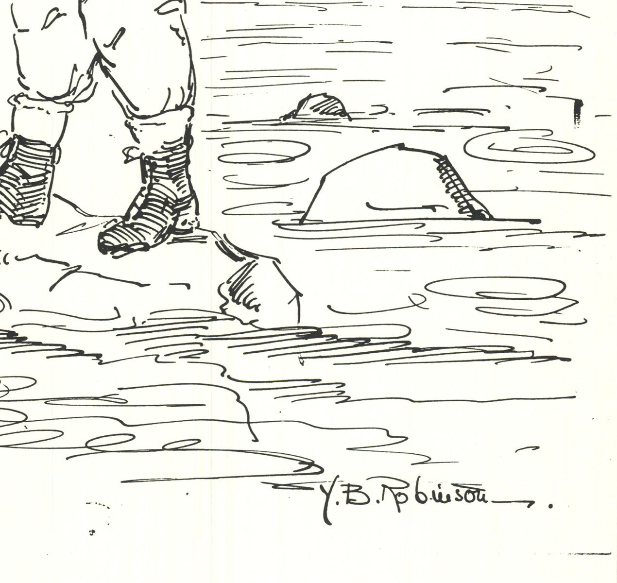 Contemporary YB ROBINSON Fly Fisherman in River 11" x 8.5" Lithograph