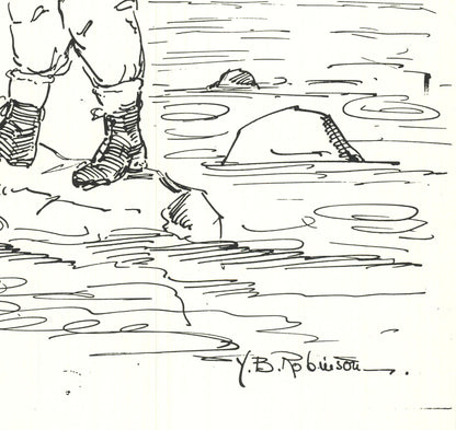 Contemporary YB ROBINSON Fly Fisherman in River 11" x 8.5" Lithograph