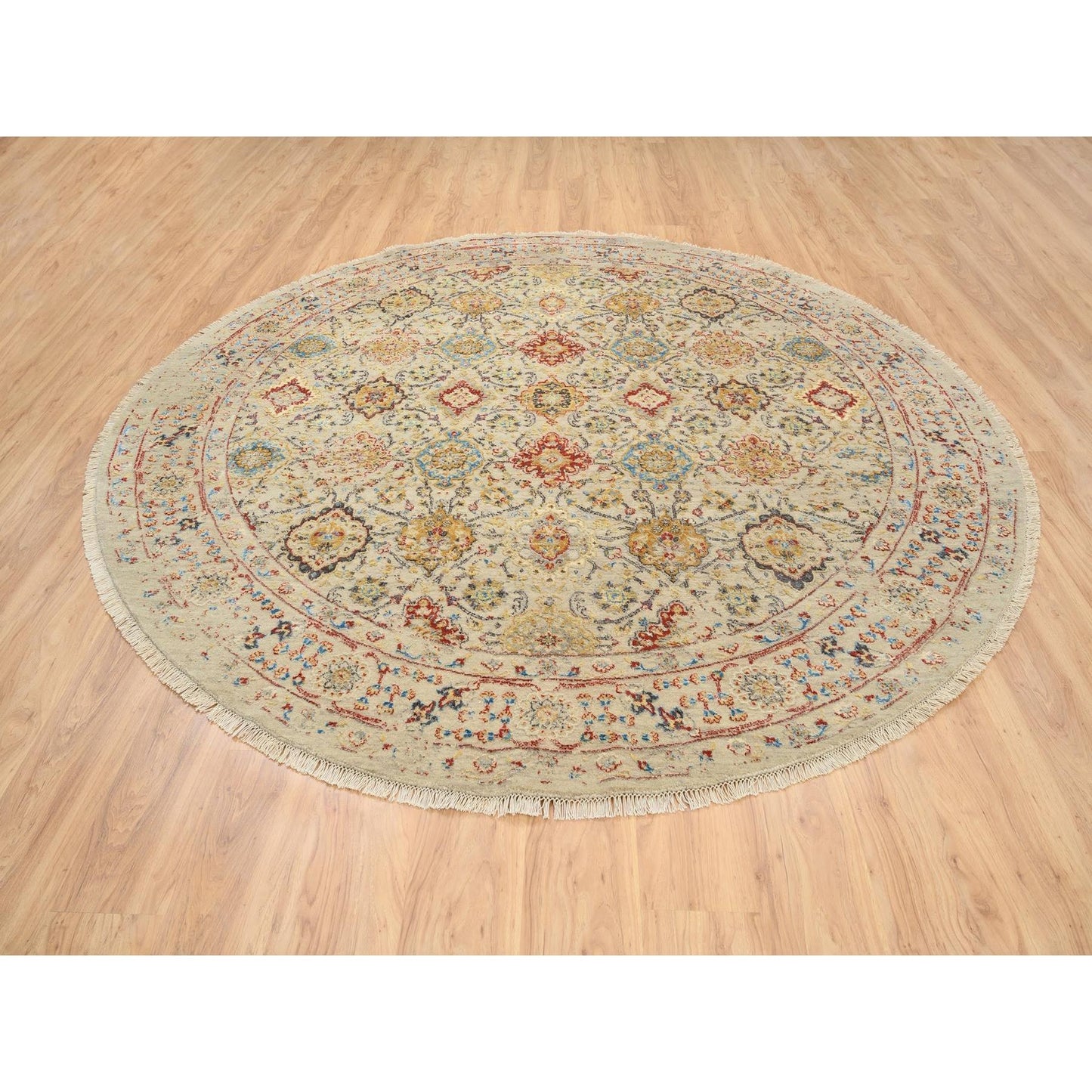 8'9"X8'9" Beige Wool And Pure Silk Hand Knotted Oriental Round Rug