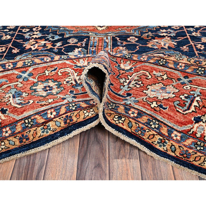 10'1"X14' Midnight Blue Seeripe Heris Design Soft Wool Hand Knotted Rug