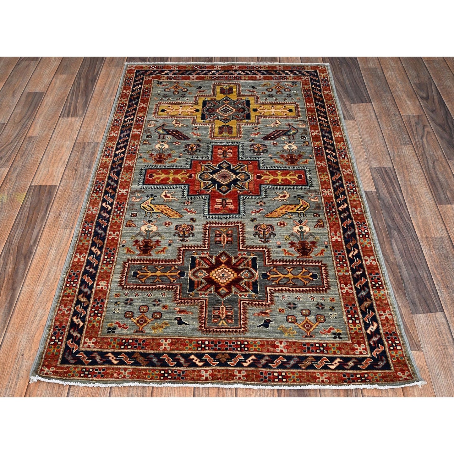 3'X5' Gray Hand Knotted Rug All Wool Armenian Inspired Caucasian Design