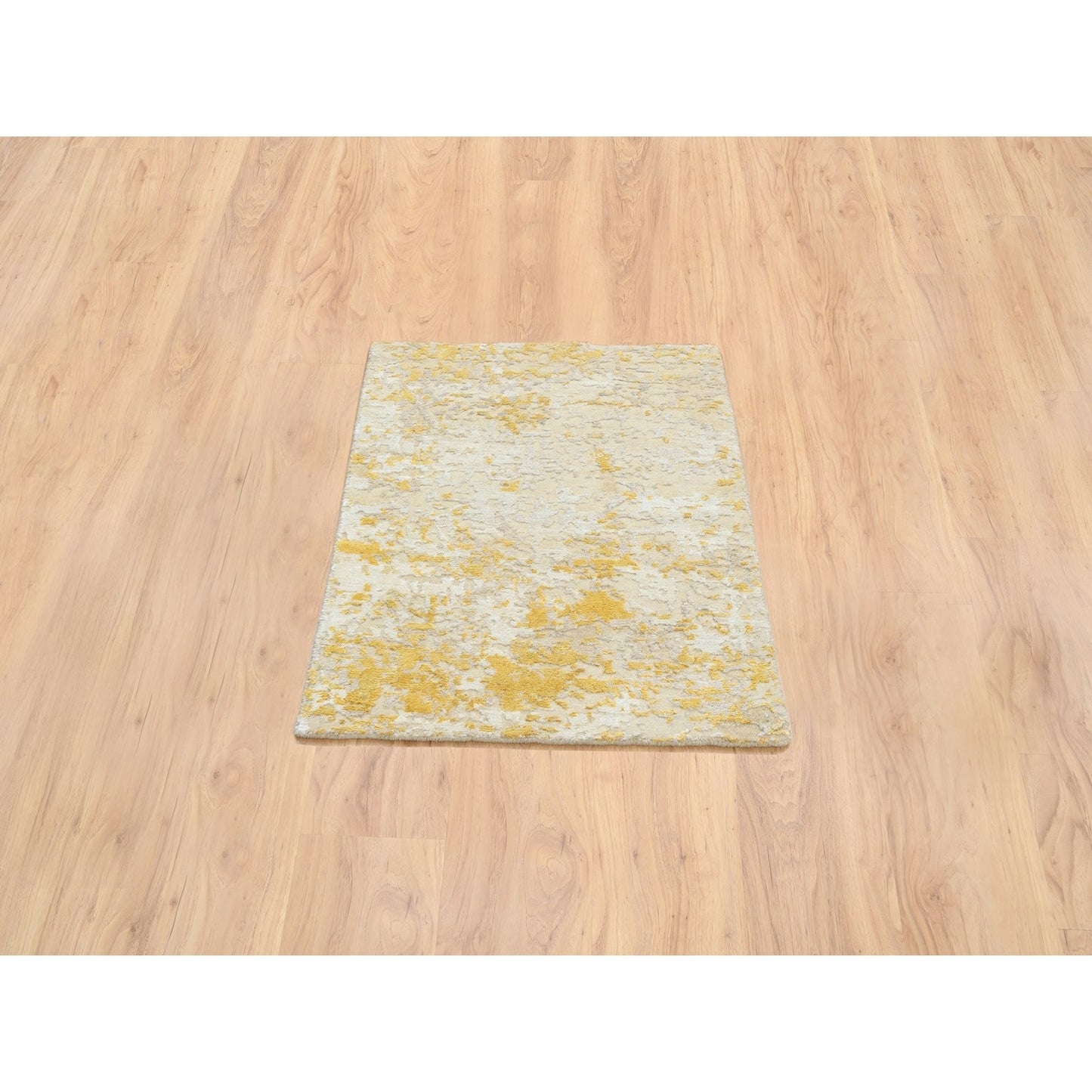 2'X2'9" Gold-Cream Hand Knotted Abstract Design Wool And Silk Mat Rug