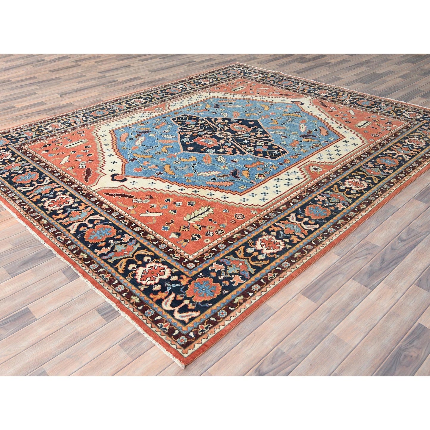 8'X9'6" Coral Orange Afghan Peshawar Heris Wool Hand Knotted Rug