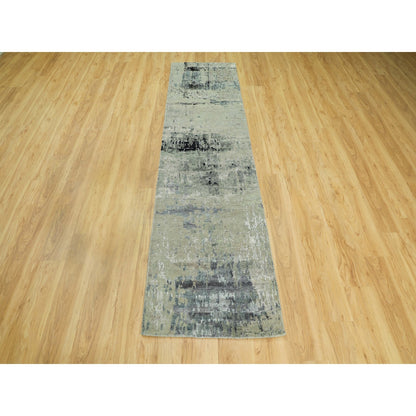2'7"X9'9" Silver Blue Silk Modern Abstract Design Handknotted Runner Rug