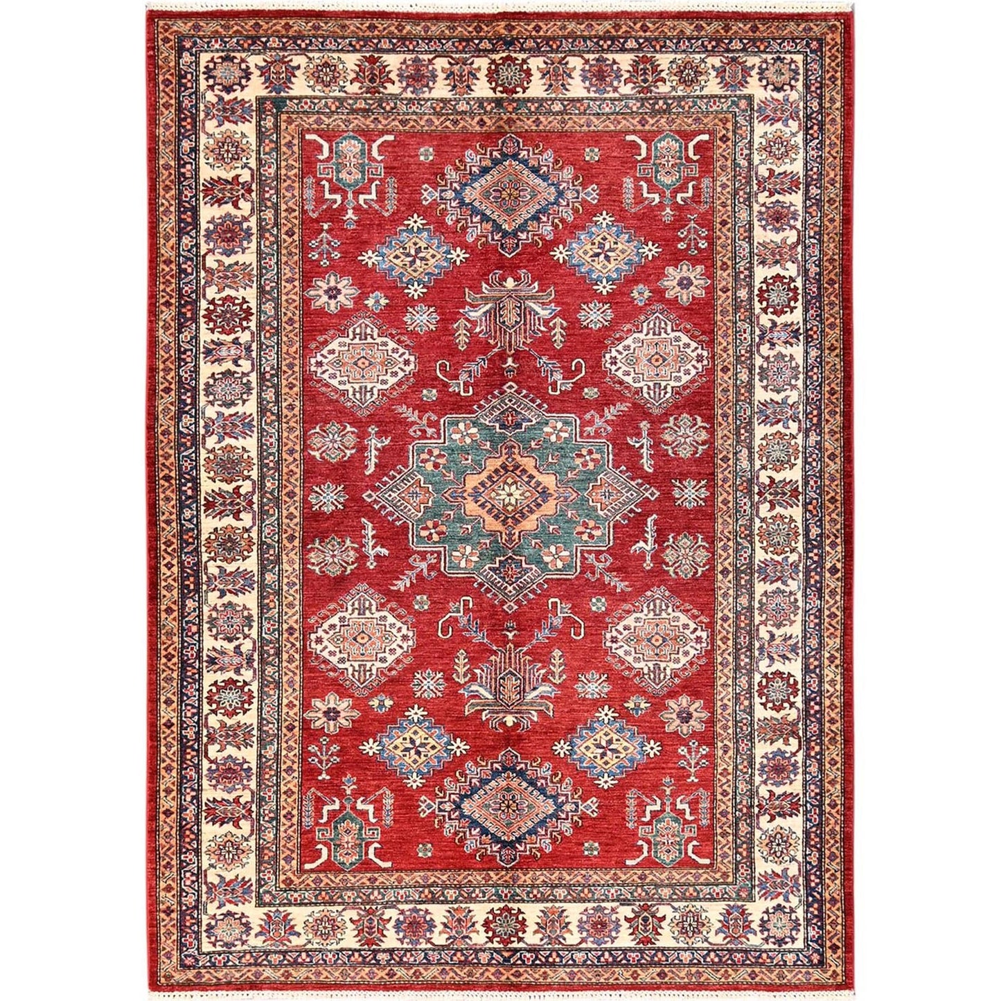 6'2"X8'6" Red Hand Knotted Afghan Super Kazak Medallions Design Wool Rug