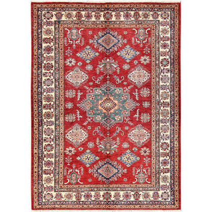6'2"X8'6" Red Hand Knotted Afghan Super Kazak Medallions Design Wool Rug