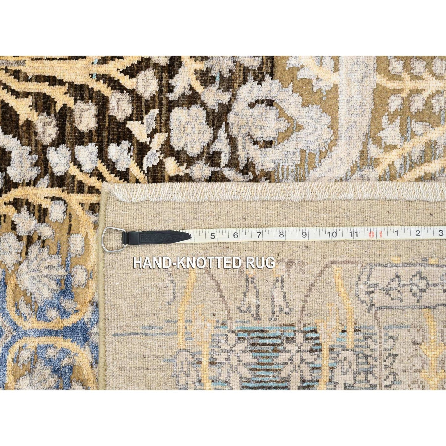 4'X12' Gold Brown Silk With Textured Wool Hand Knotted Wide Runner Rug