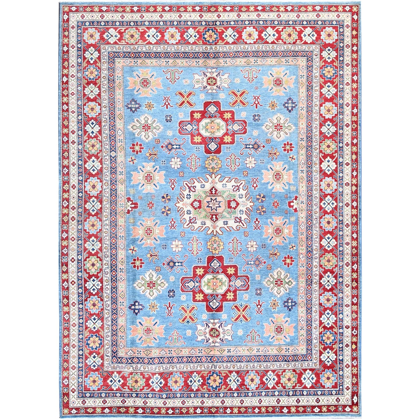 8'9"X12'1" Blue Kazak With Medallions Design Hand Knotted Soft Wool Rug