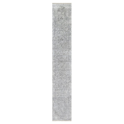 2'7"X16' Gray Zoroastrian Design Hand Knotted Wool And Silk Runner Rug