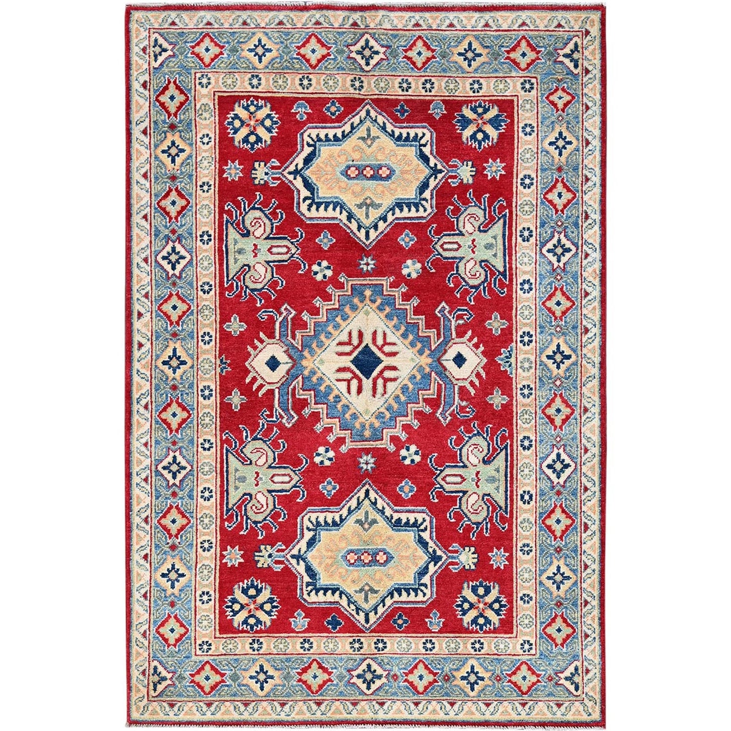 4'1"X6'1" Red Kazak Geometric Medallions Design Hand Knotted Soft Wool Rug
