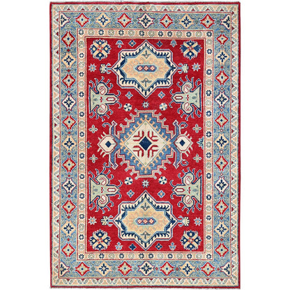 4'1"X6'1" Red Kazak Geometric Medallions Design Hand Knotted Soft Wool Rug