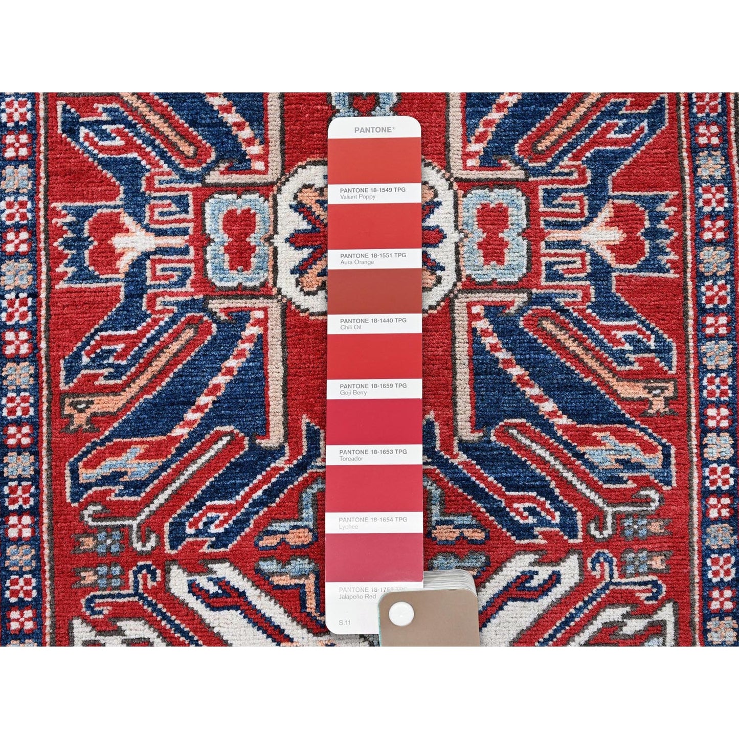 2'9"X9'10" Red Kazak With Tribal Design Soft Wool Hand Knotted Runner Rug