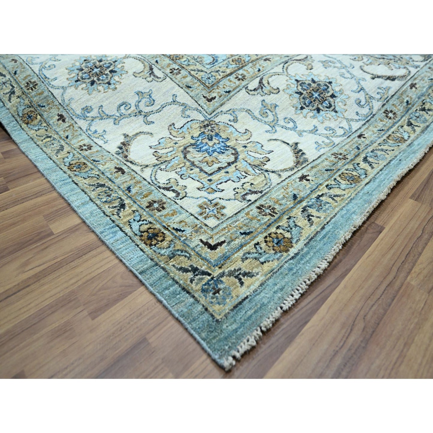 10'X13'10" Blue Hand Knotted Agra Shah Abbas Flower Vines Design Wool Rug