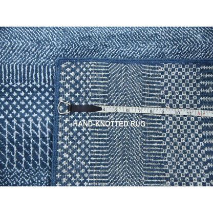 2'9"X11'4" Blue Modern Grass Design Wool And Silk Hand Knotted Runner Rug