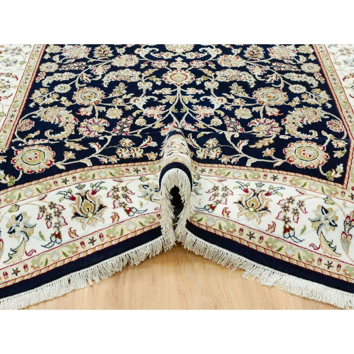 6'1"X9' Big Stone Blue Nain Flower Design Hand Knotted Wool Oriental Rug