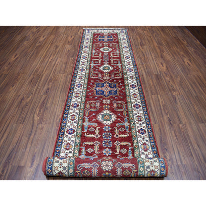 3'5"X19'3" Red Super Kazak Geometric Design Hand-Knotted Xl Runner Rug