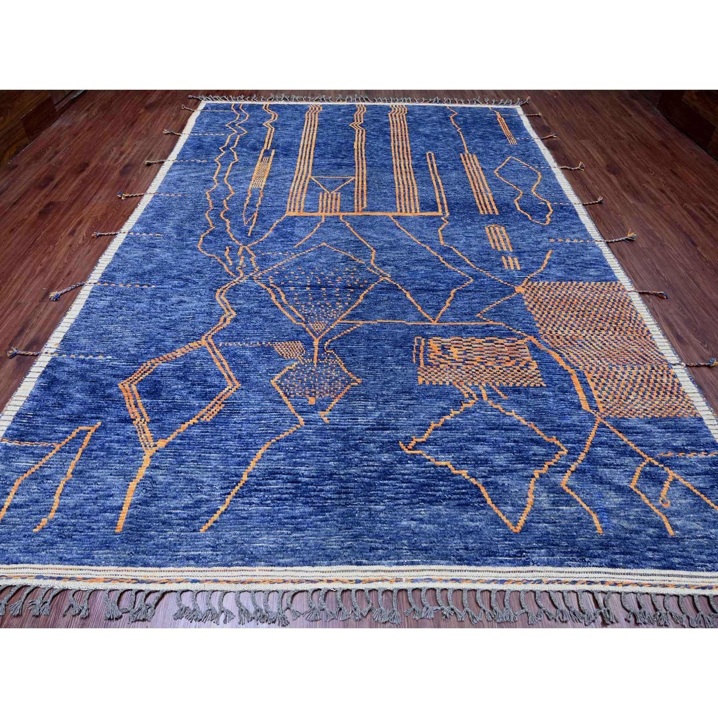 9'X12'5" Blue Moroccan Weave Arts And Crafts Design Hand Knotted Wool Rug