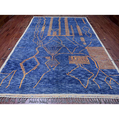 9'X12'5" Blue Moroccan Weave Arts And Crafts Design Hand Knotted Wool Rug