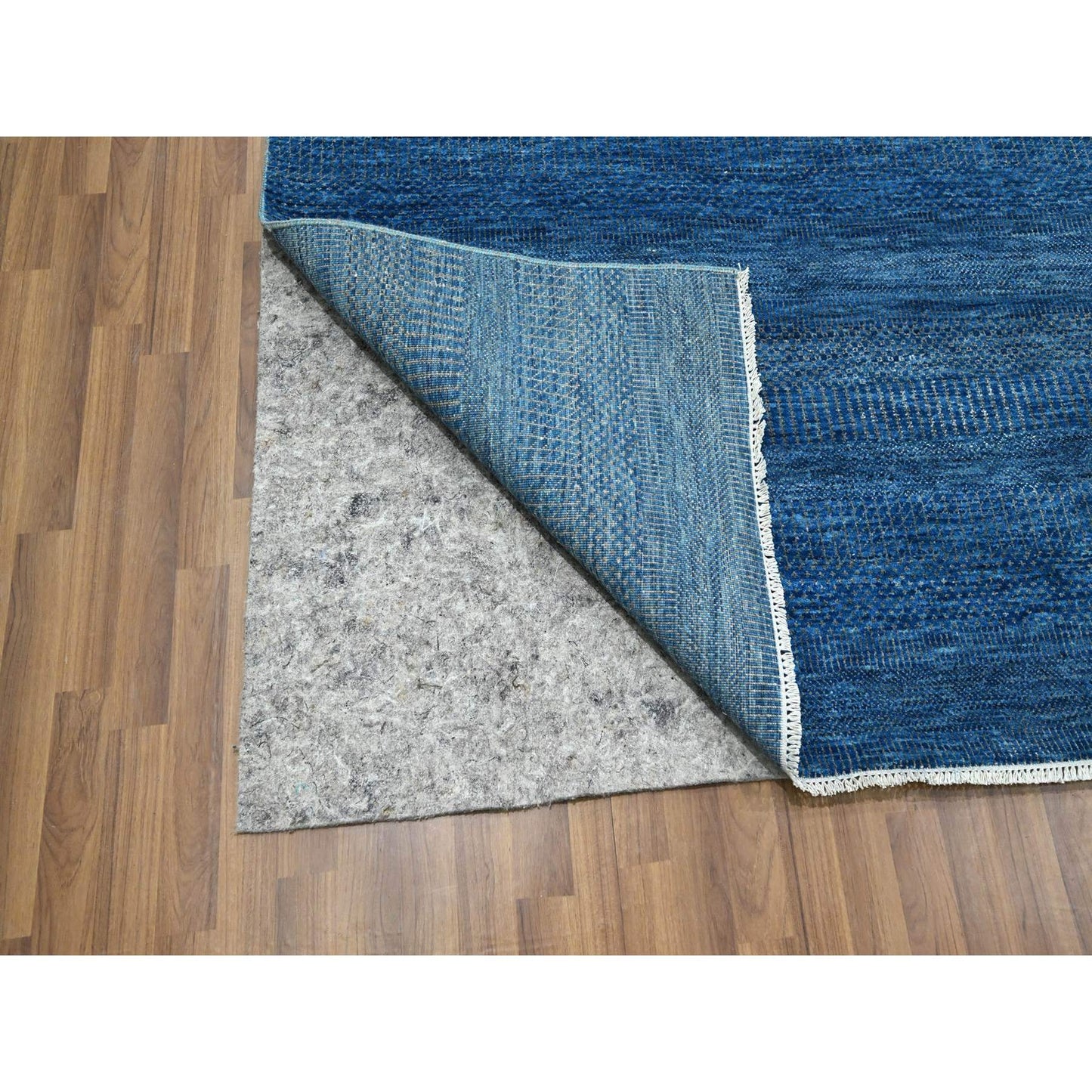 9'X12' Imperial Blue Modern Grass Design Hand Knotted Wool And Silk Rug