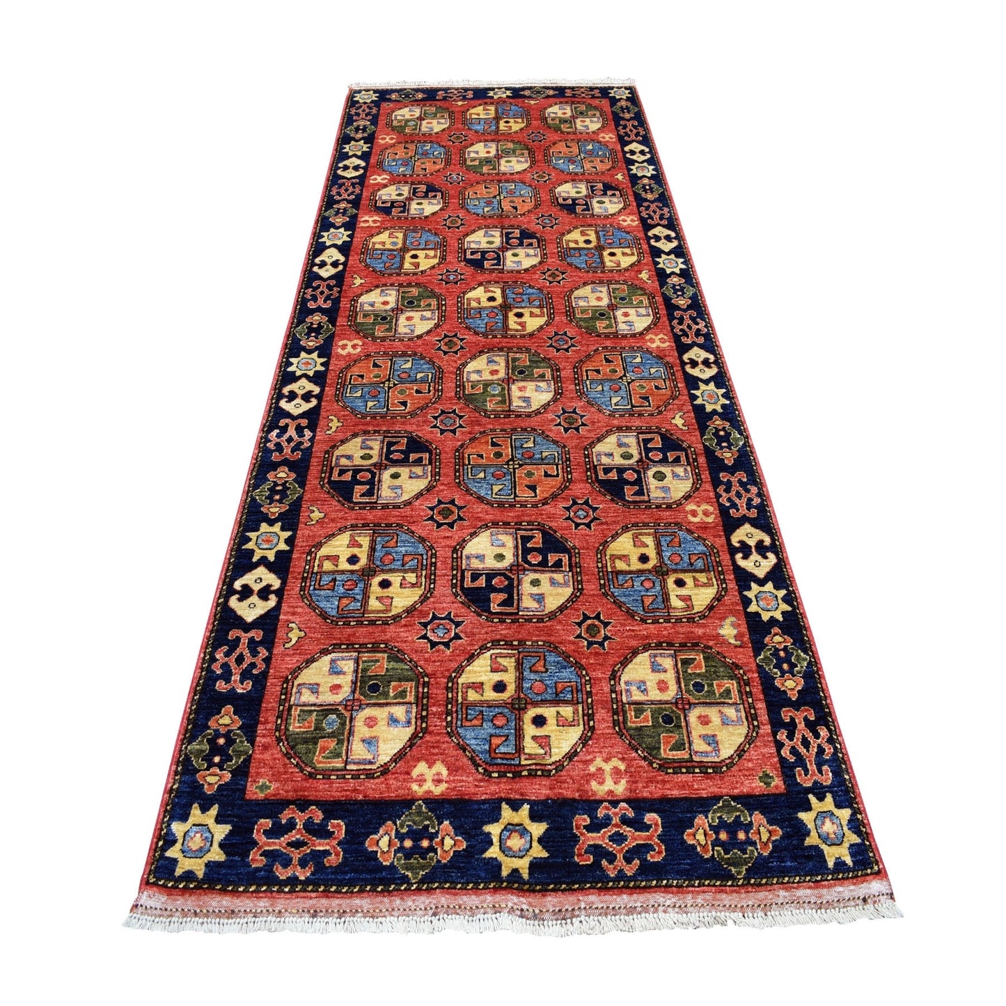 4'X10'2" Afghan Turkoman Ersari Wide Runner Tekke Design Hand Knotted Rug