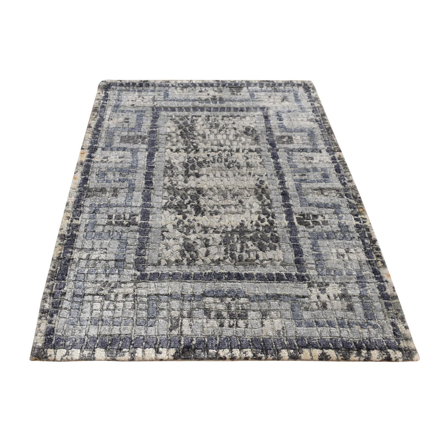 2'3"X3'2" Gray Silken Roman Mosaic Design Hand Knotted Sample Rug