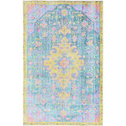 5'10"X9' Green Painted Vintage Zoroastrian Tebraz Hand Knotted Wool Rug