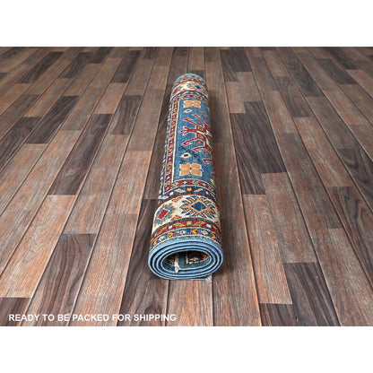 3'4"X5' Blue Kazak With Tribal Medallions Design Hand Knotted Wool Rug