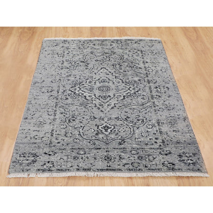 3'1"X5'1" Gray Farsian Silk With Textured Wool Hand Knotted Oriental Rug