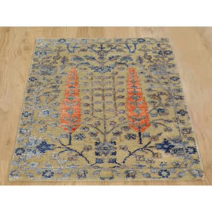 2'1"X3' Cypress Tree Design Silk With Textured Wool Hand Knotted Rug